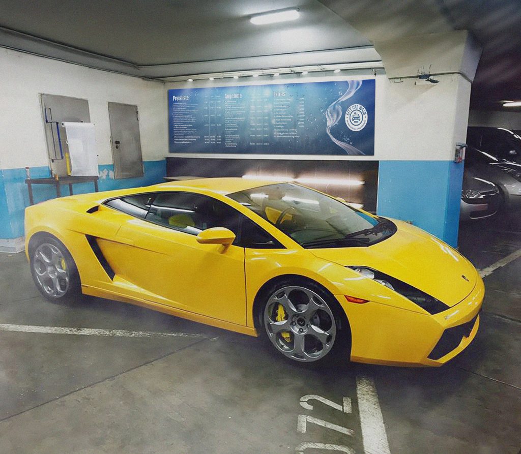 City Car Wash Preistafel mit Auflistung der Waschprogramme und Preise.