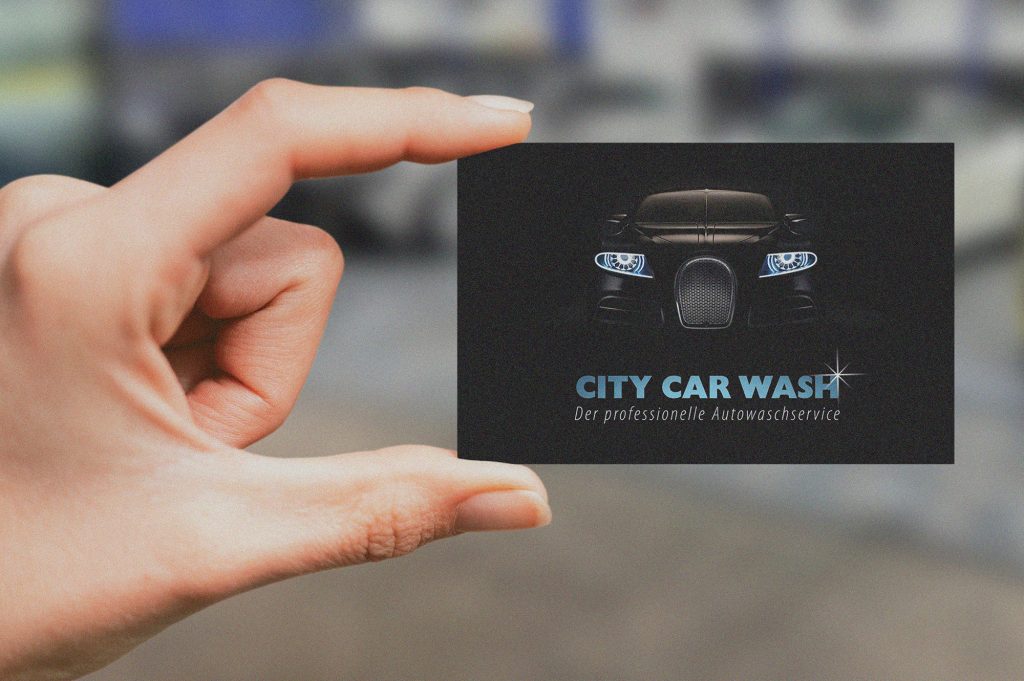 City Car Wash Visitenkarte Vorderseite mit Logo und Kontaktdaten.