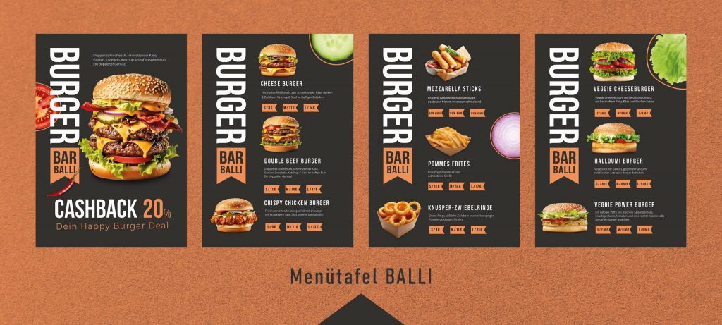 Übersichtliche Menütafel DIN A1 mit Burgern und Preisen