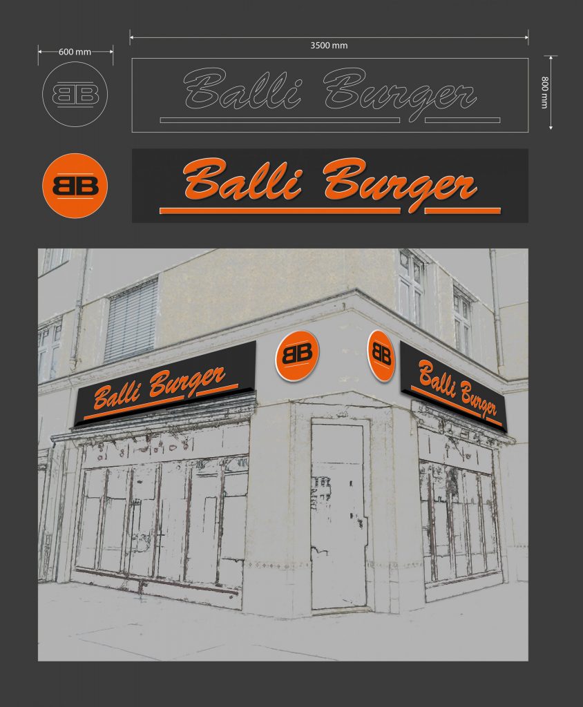 LED-Leuchtbuchstaben „Balli Burger“ montiert auf schwarzer Alu-Dibond-Platte an der Fassade. Bülent Suat Engüzel | Bengrafik